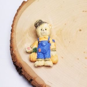 Vtg Ceramic Fall Teddy Bear Pumpkin Straw Brooch
